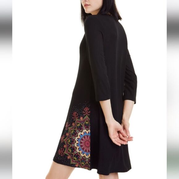 NWT Desigual Mara Embroidered Mandala 3/4 Sleeve A-Line Black Mini Dress - Picture 2 of 15